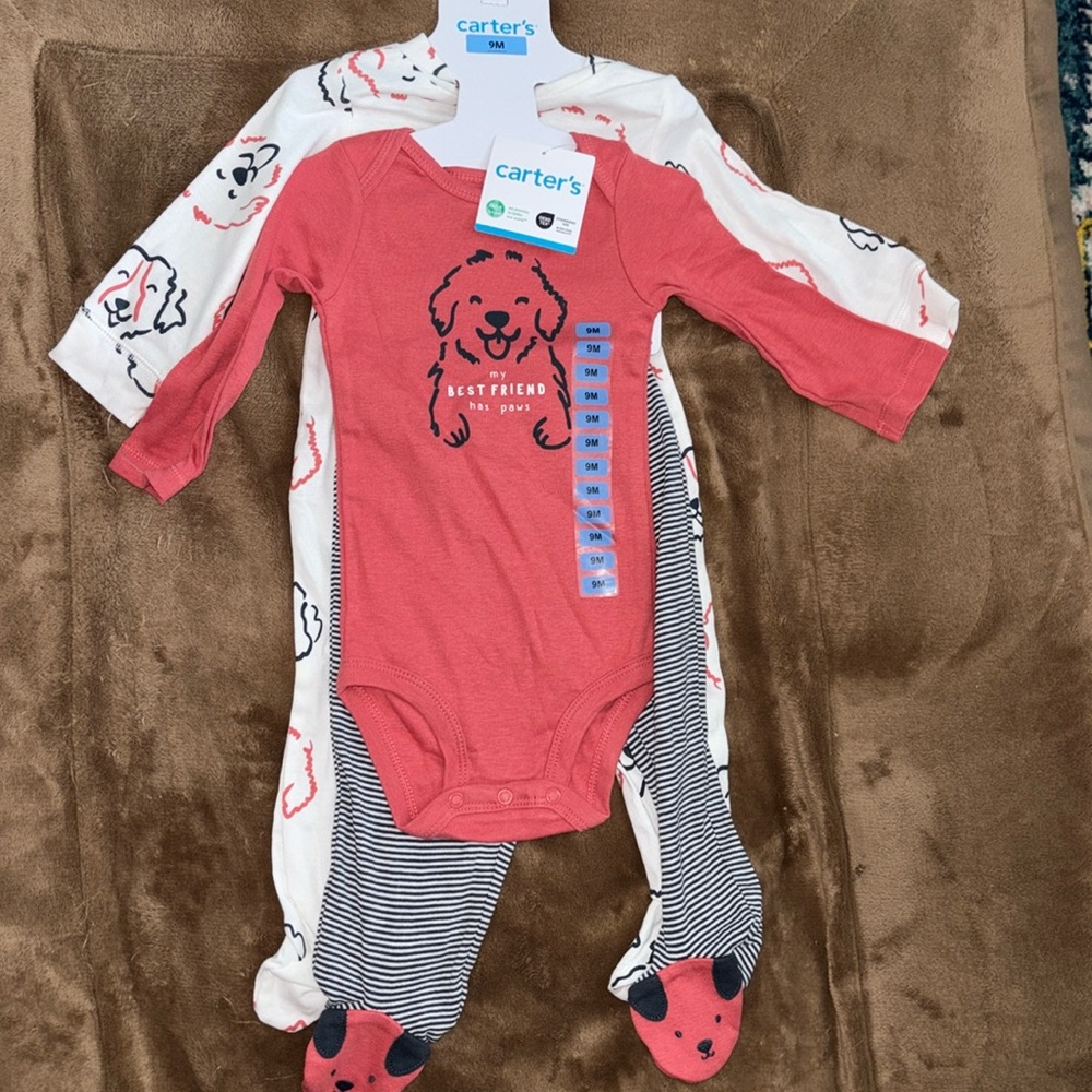 🌴Carter's 3 Piece Baby Two Way Zip Machine Washable Layette Set -Puppy Size 9Mo